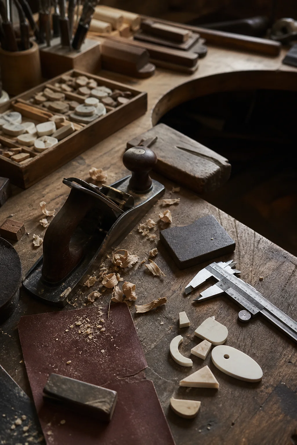 A craftsperson’s bench with a hand plane, calipers, sanding paper, wood shavings, and unfinished components
