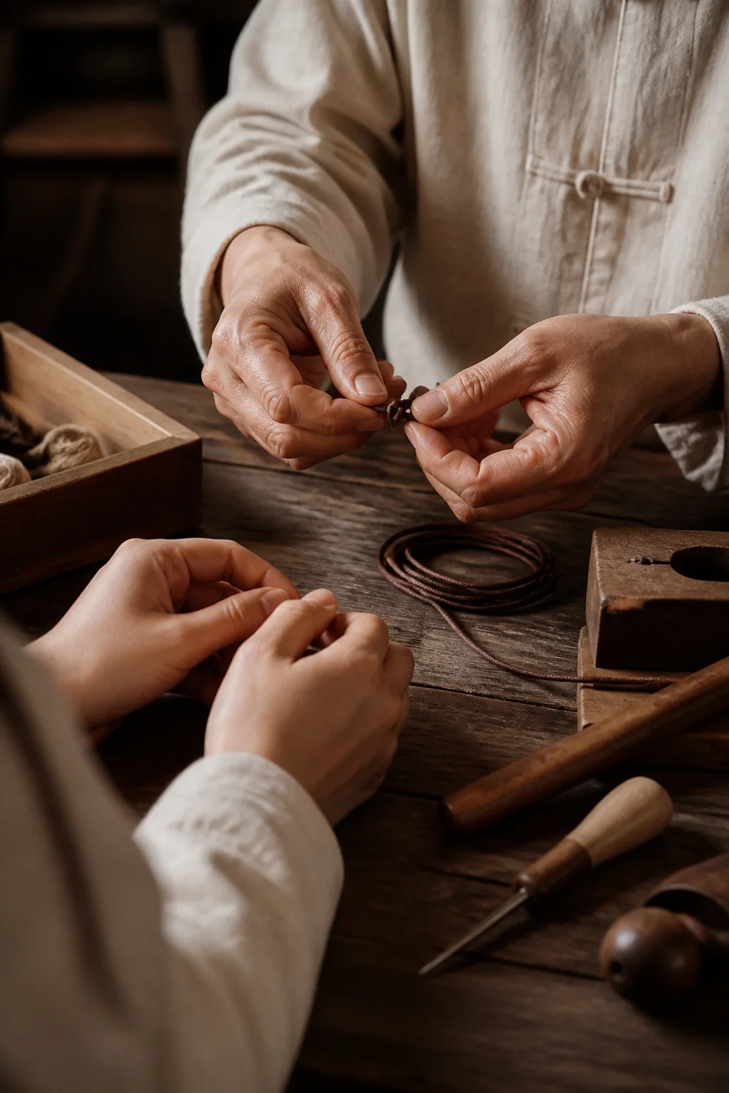 Two pairs of anonymous hands sharing a simple knotting technique at a wooden worktable