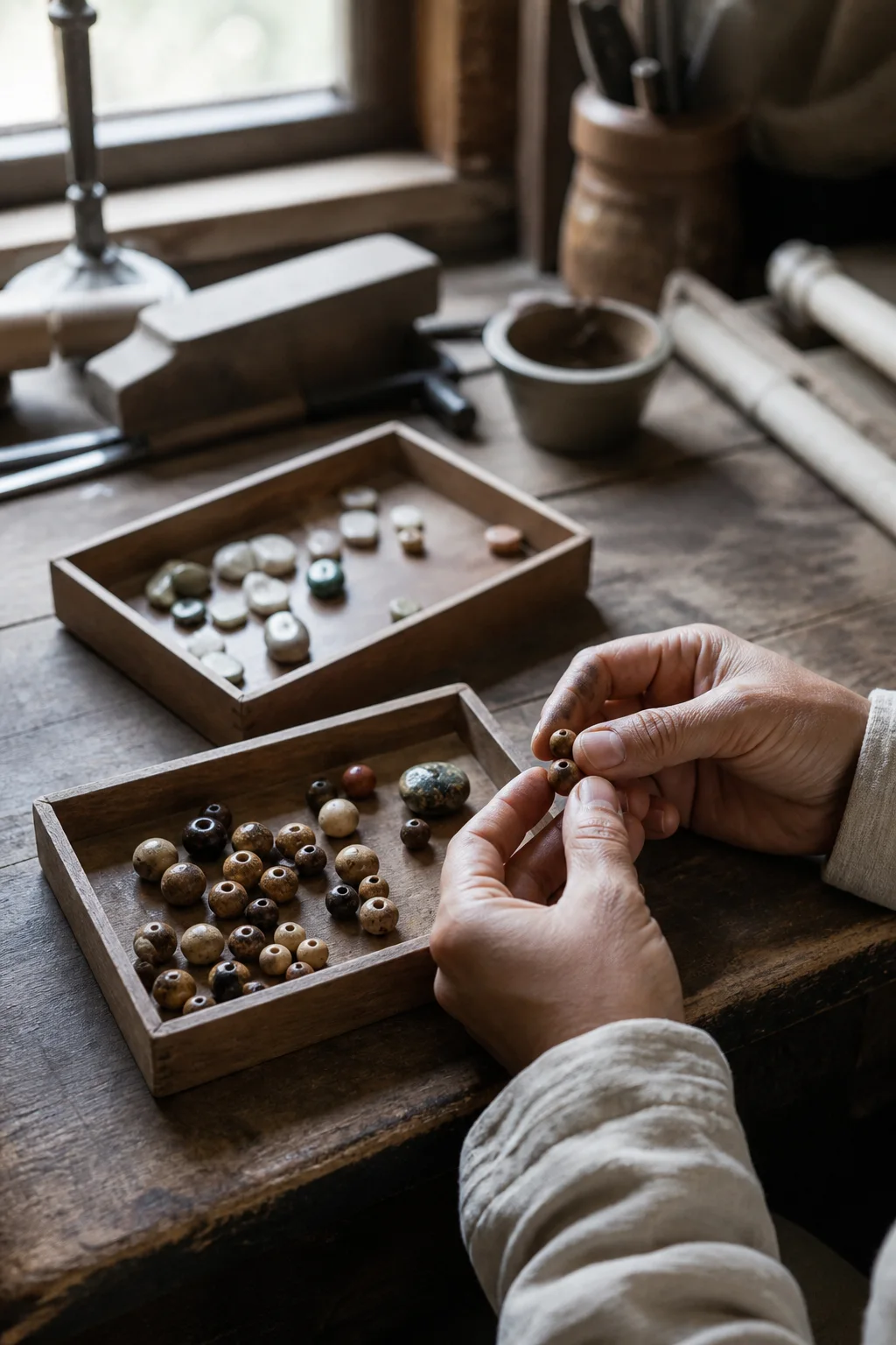 Anonymous hands sorting small natural beads and stone pieces into shallow wooden trays