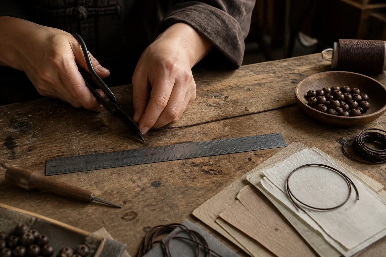 Anonymous hands measuring and cutting cord beside a ruler, tools, and unfinished components