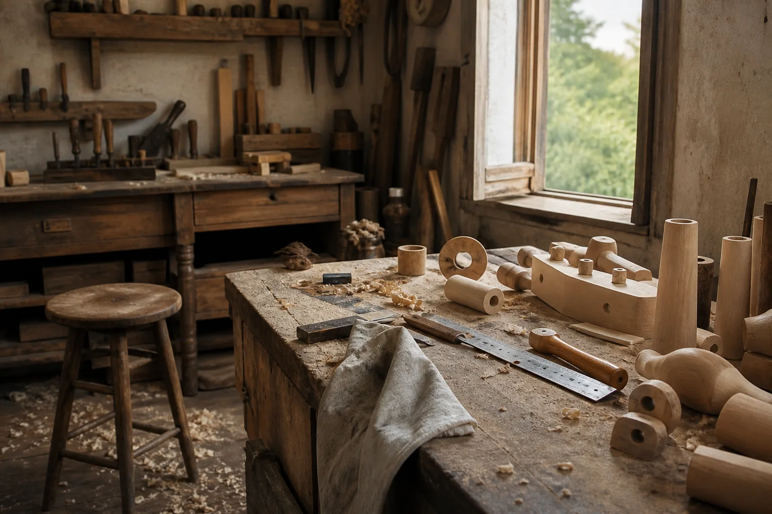 A rural workshop with unfinished wood forms, hand tools, shavings, and an open window