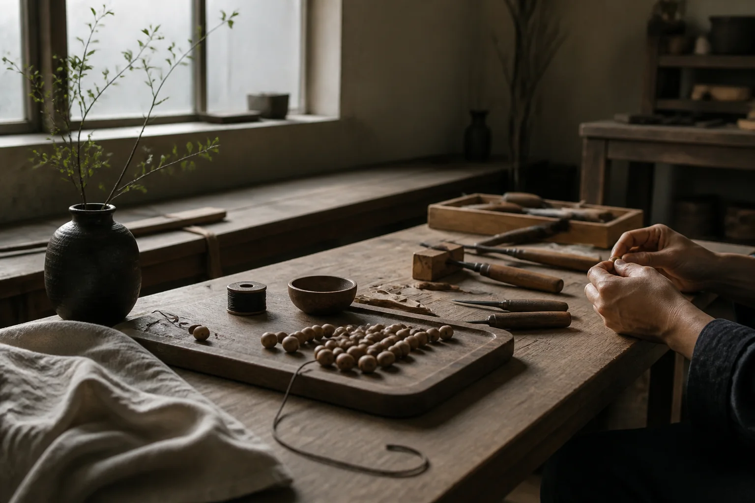 A quiet craft studio with a wooden workbench, unfinished materials, hand tools, and soft window light