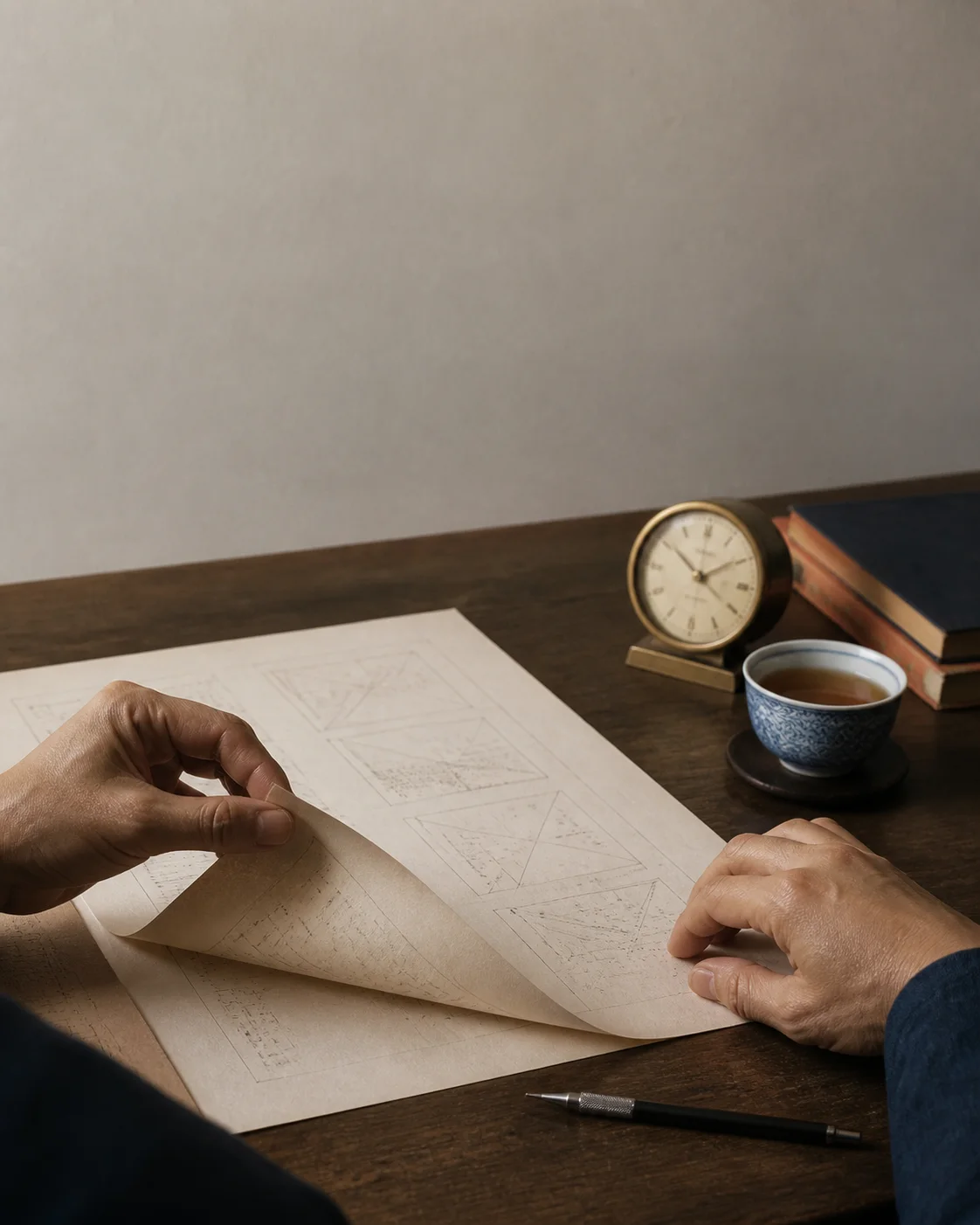 Hands turning an unmarked chart beside a clock, tea bowl, pencil, and old books