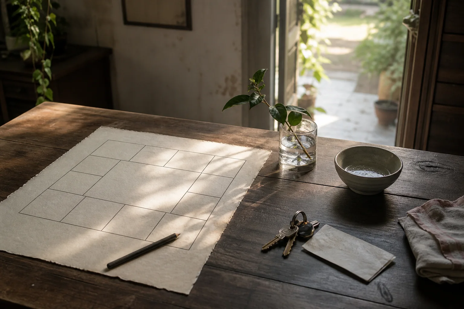 An unmarked twelve-part paper diagram beside keys, a notebook, a plant, and a doorway