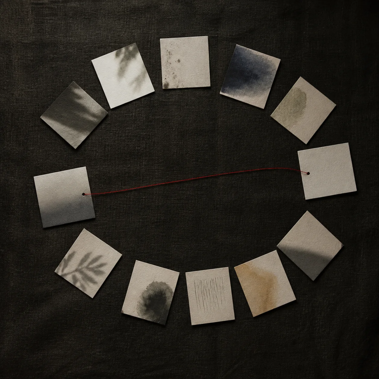 Twelve unmarked paper panels arranged in a loose circle with a thin red thread on dark cloth