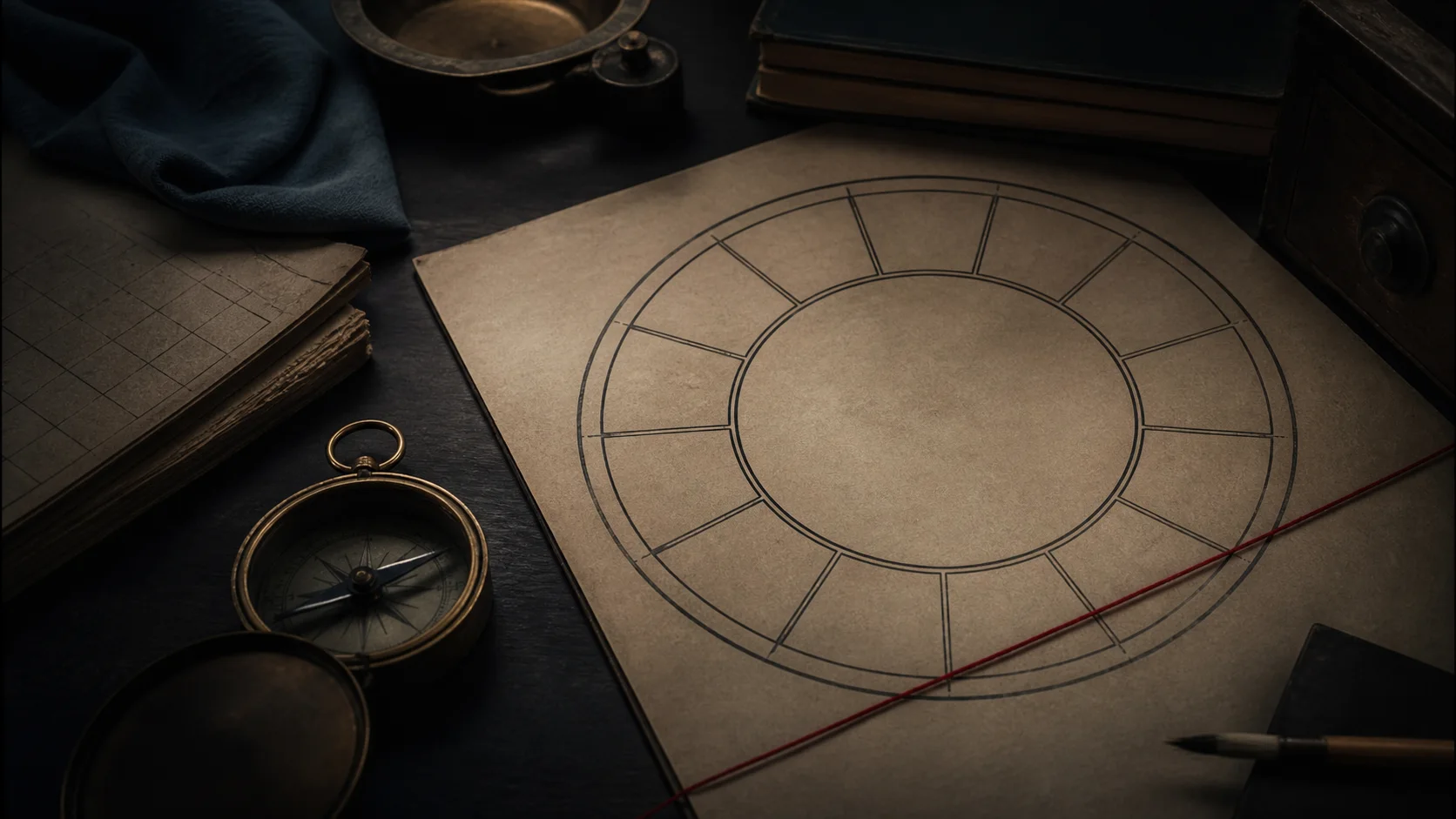 An unmarked twelve-part chart, brass compass, red thread, and old books arranged on a dark study table