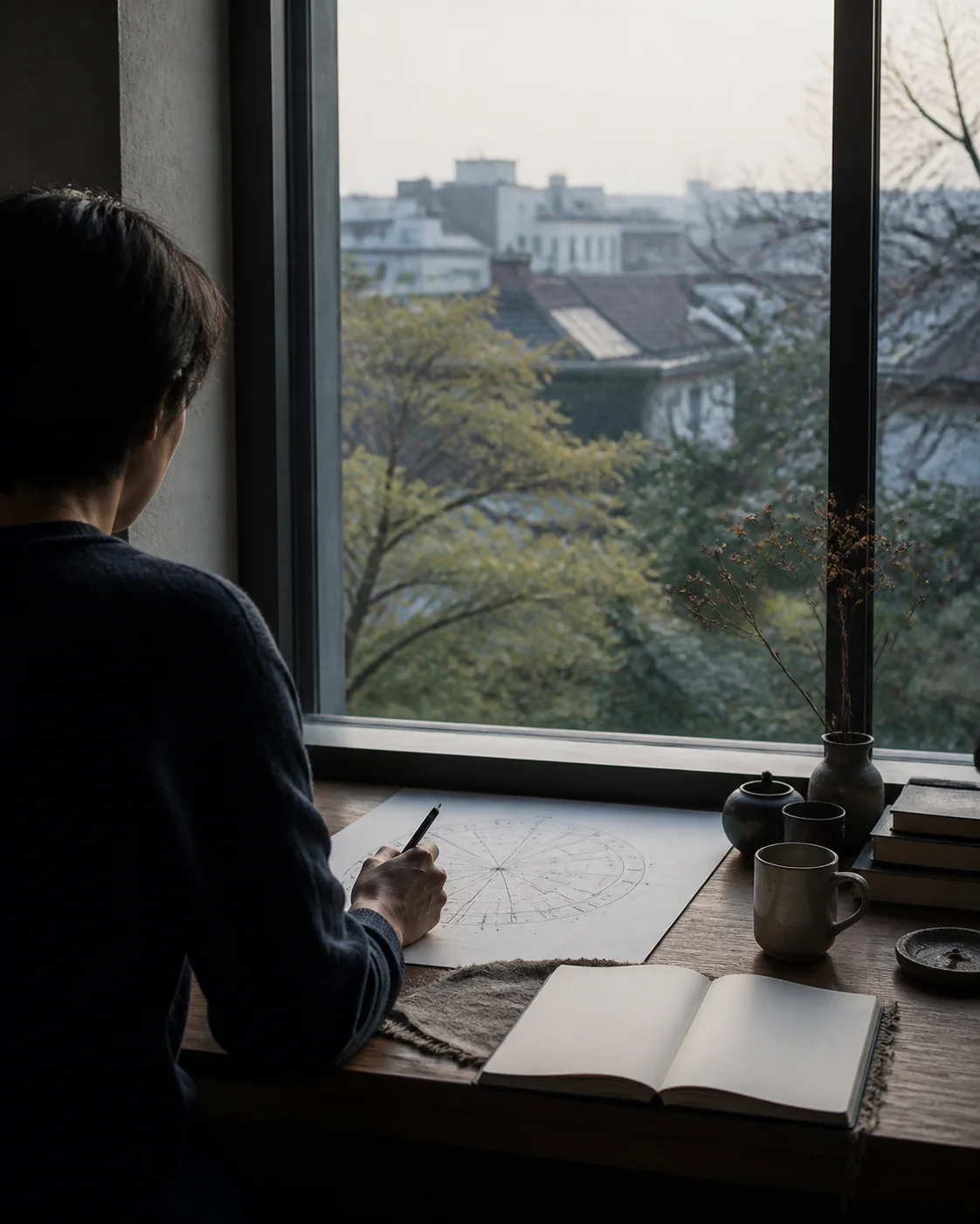 A person seated at a window with an unmarked circular chart, blank notebook, and tea on a wooden desk