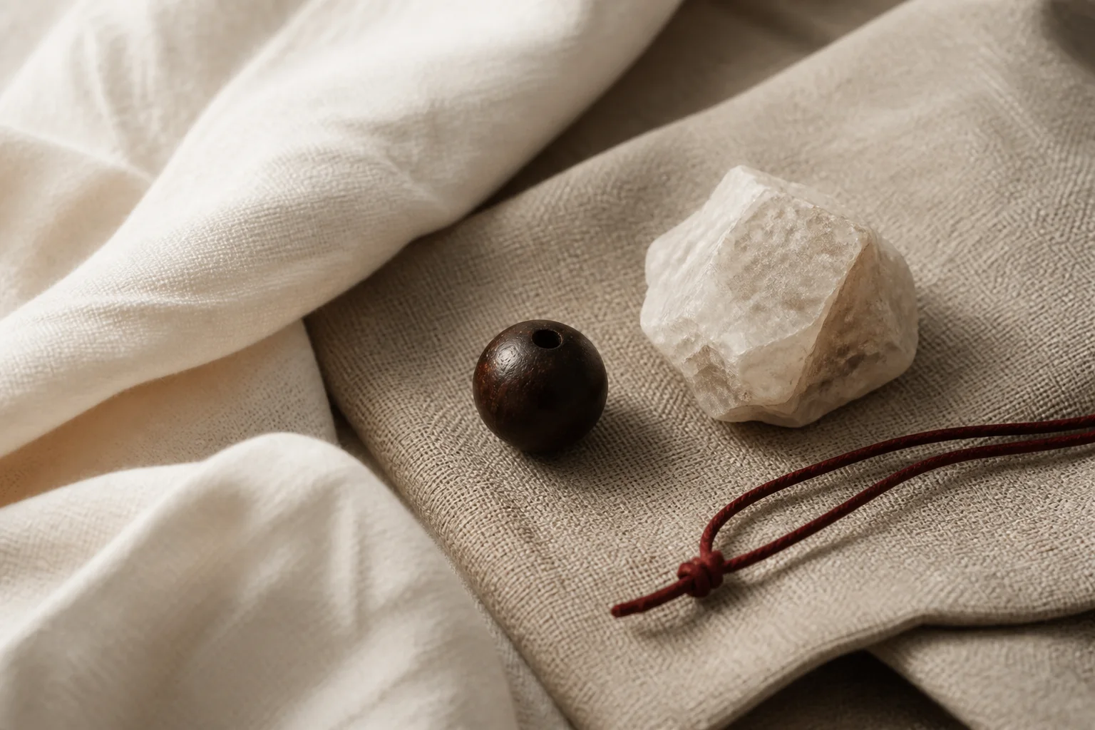 A dark wood bead, pale stone, and red cord resting on folded linen beside a soft cloth