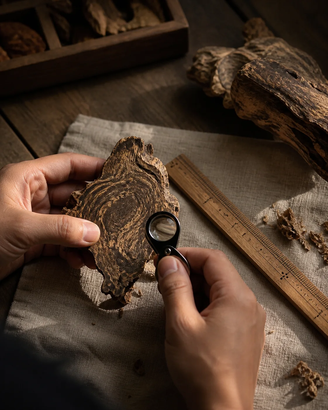 A craftsperson examining raw agarwood with a hand lens, wooden rule, and loose shavings