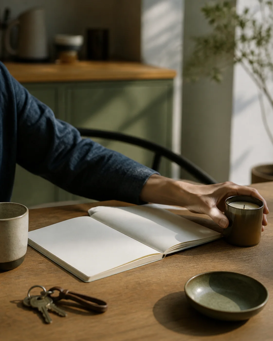 A person writing in a blank notebook beside tea and a window in a quiet room