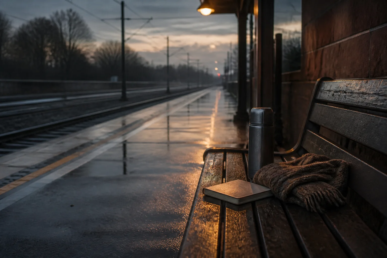 A rain-darkened train platform with a few lights marking the passage home