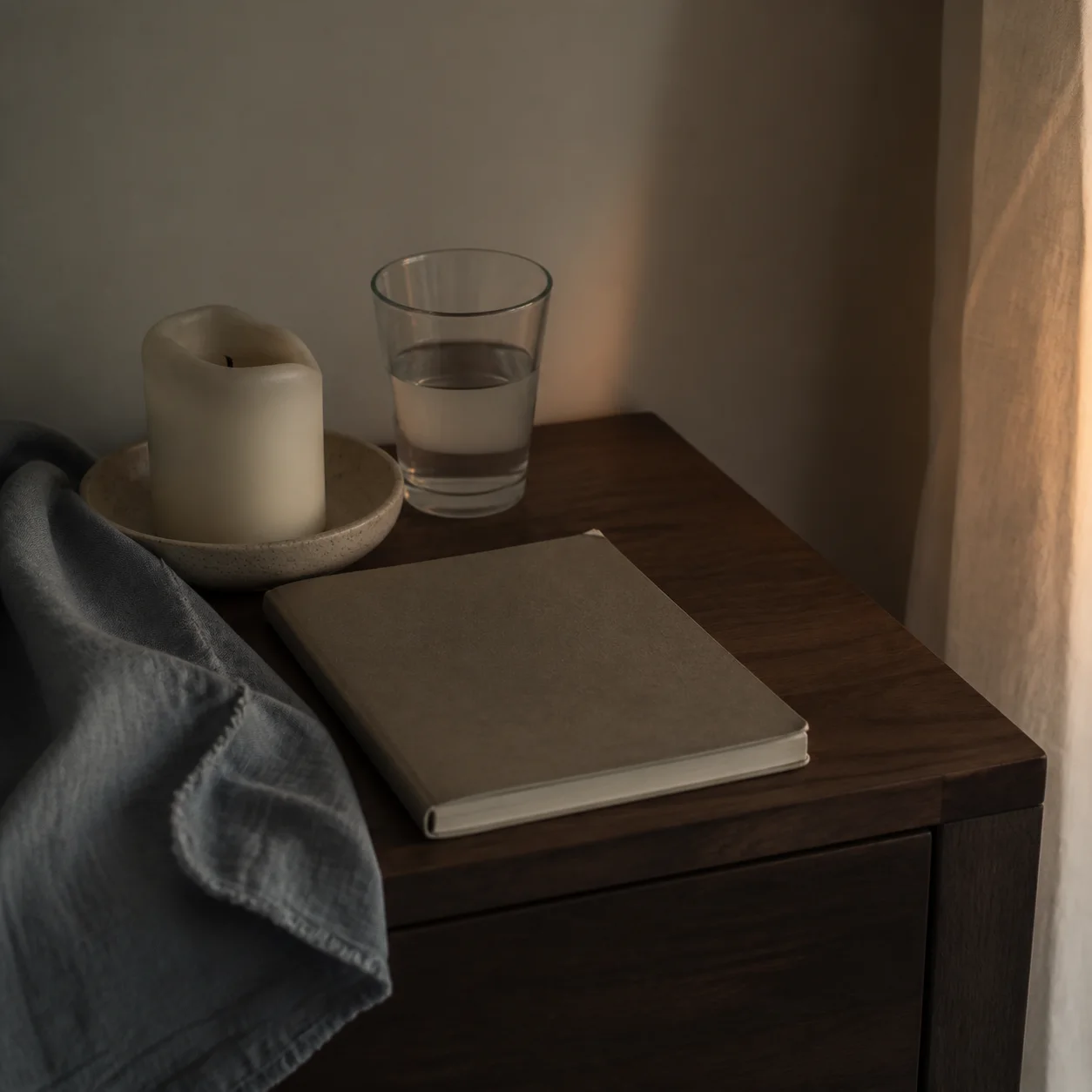 A small bedside table with a candle, a cup, and an unmarked notebook at night