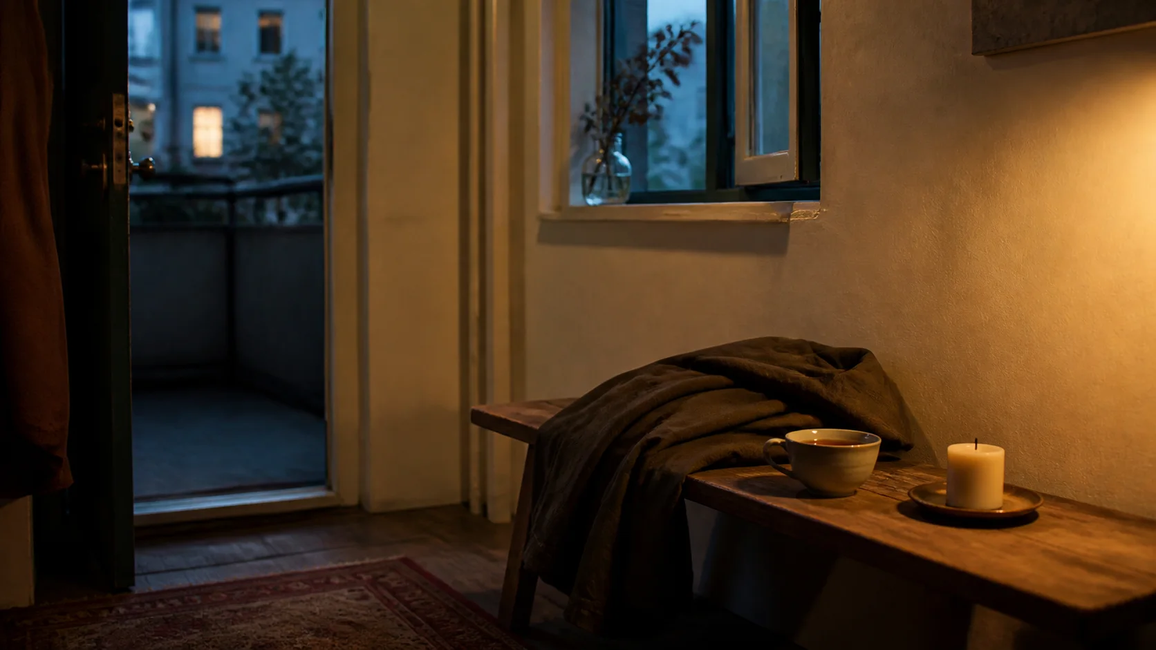 A quiet entryway at blue hour with a bench, folded cloth, and a single pool of light