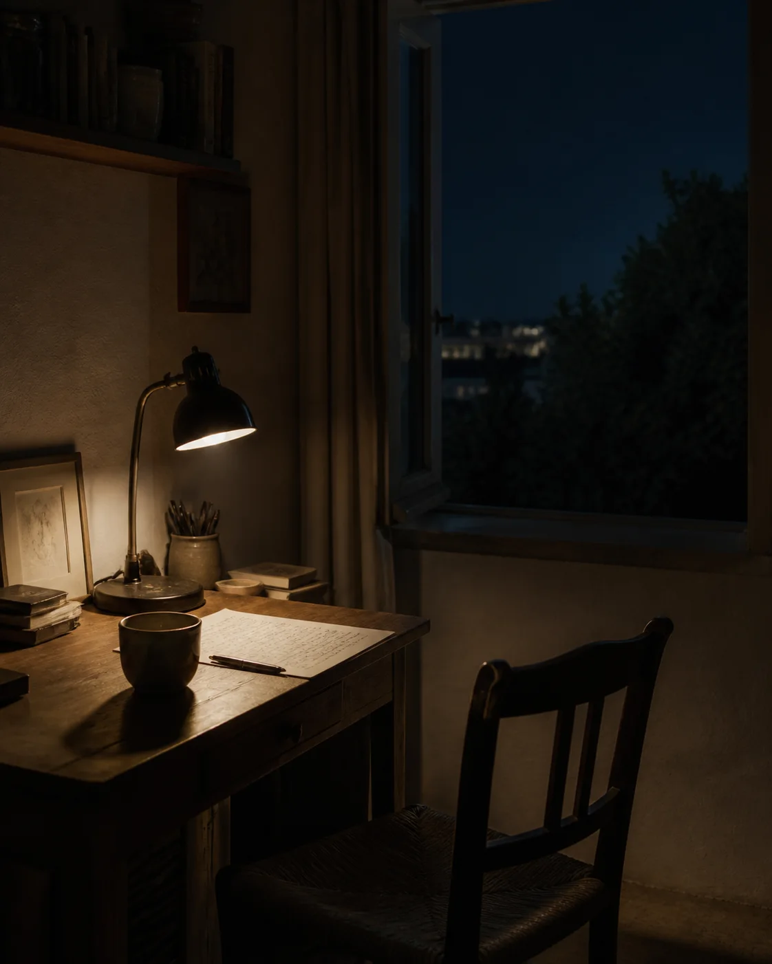 A quiet night study with a desk, a blank page, a lamp, and a window beyond