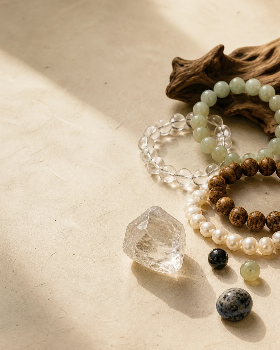 A quiet still life of stone beads and natural materials on warm paper