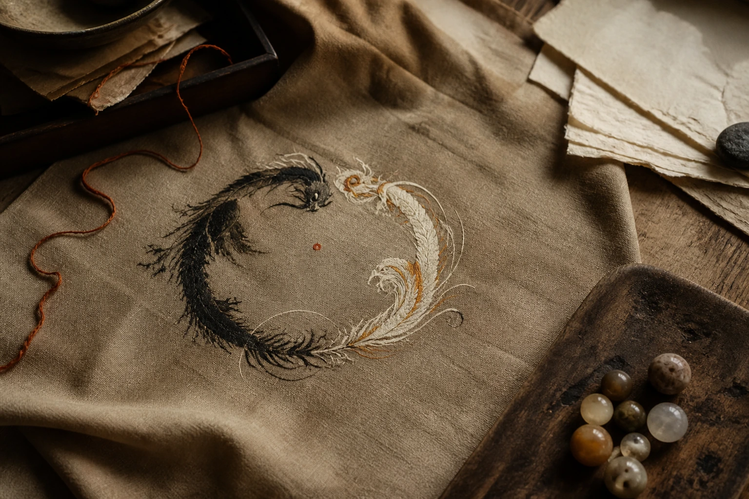 A paired ink and ivory motif on tactile cloth beside a vermilion thread and natural stones.