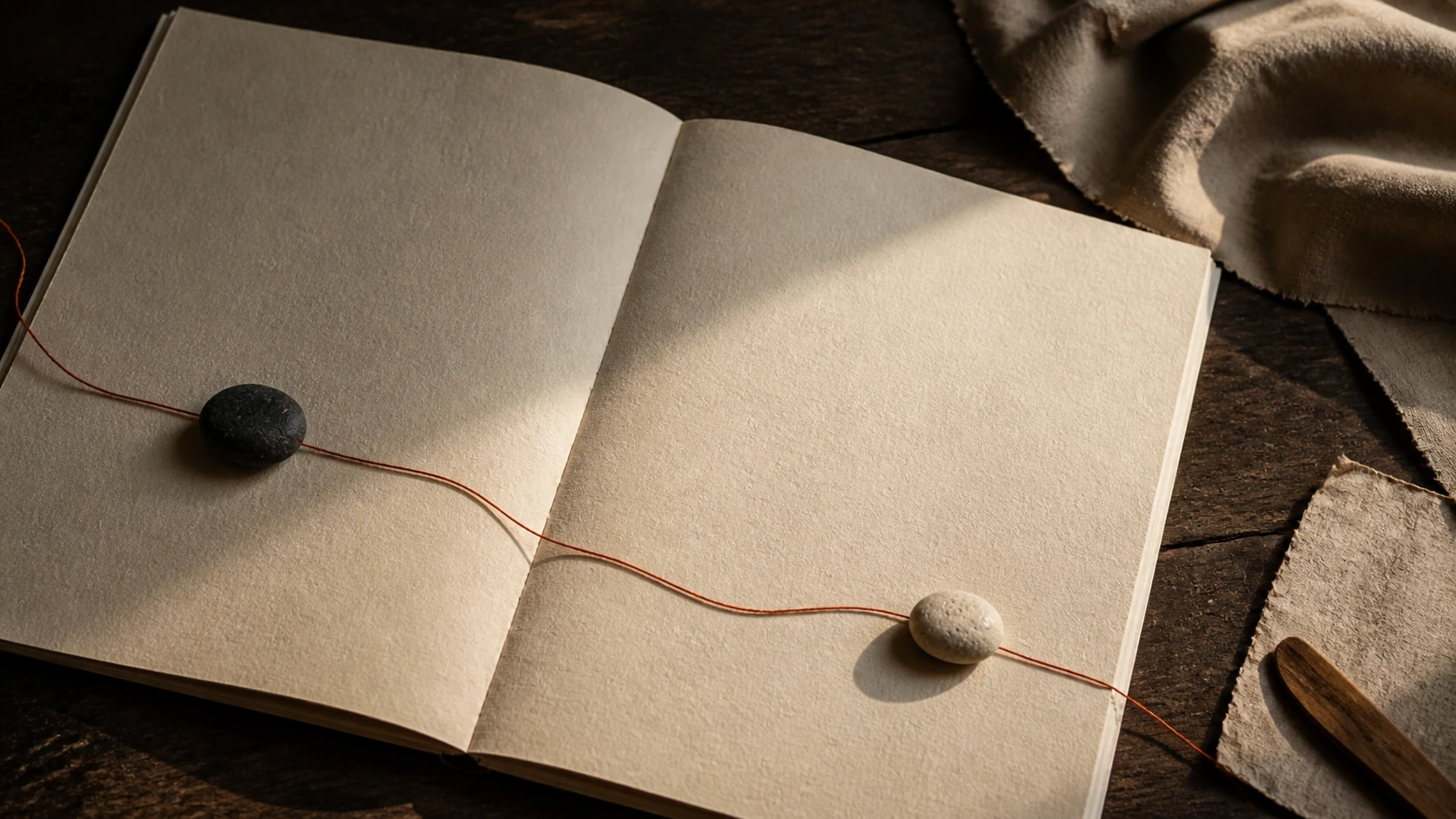An open blank notebook with two stones, silk, and a vermilion thread on dark wood.