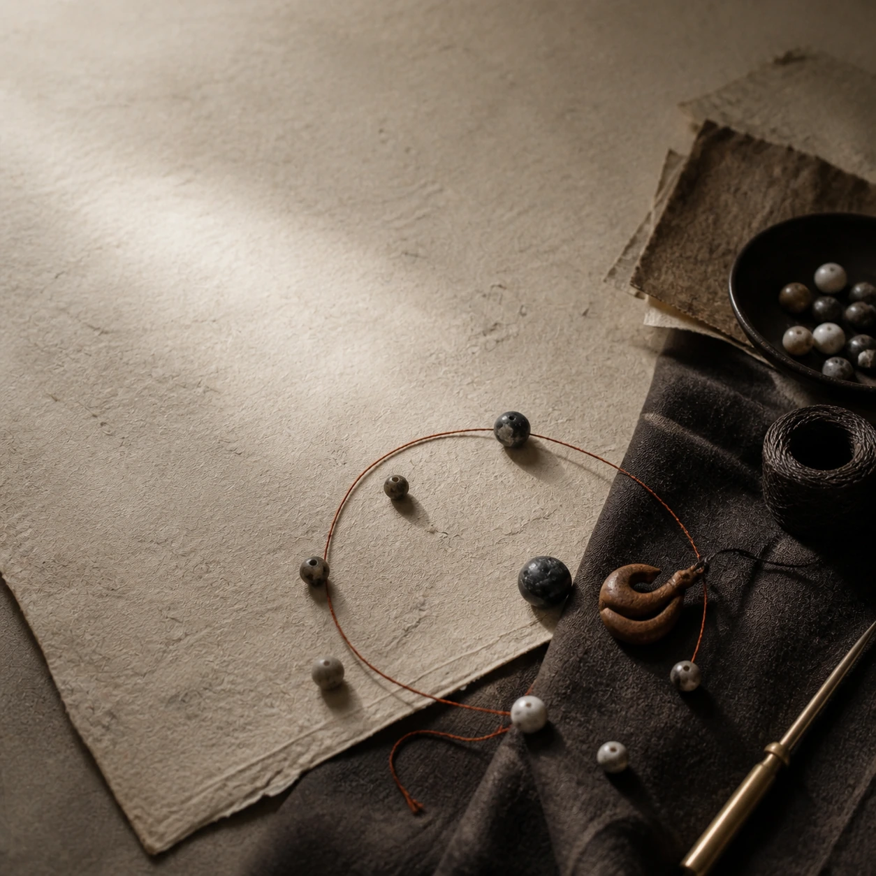 Natural beads, dark silk, handmade paper, cord, and a small wood charm on a jeweller's worktable.