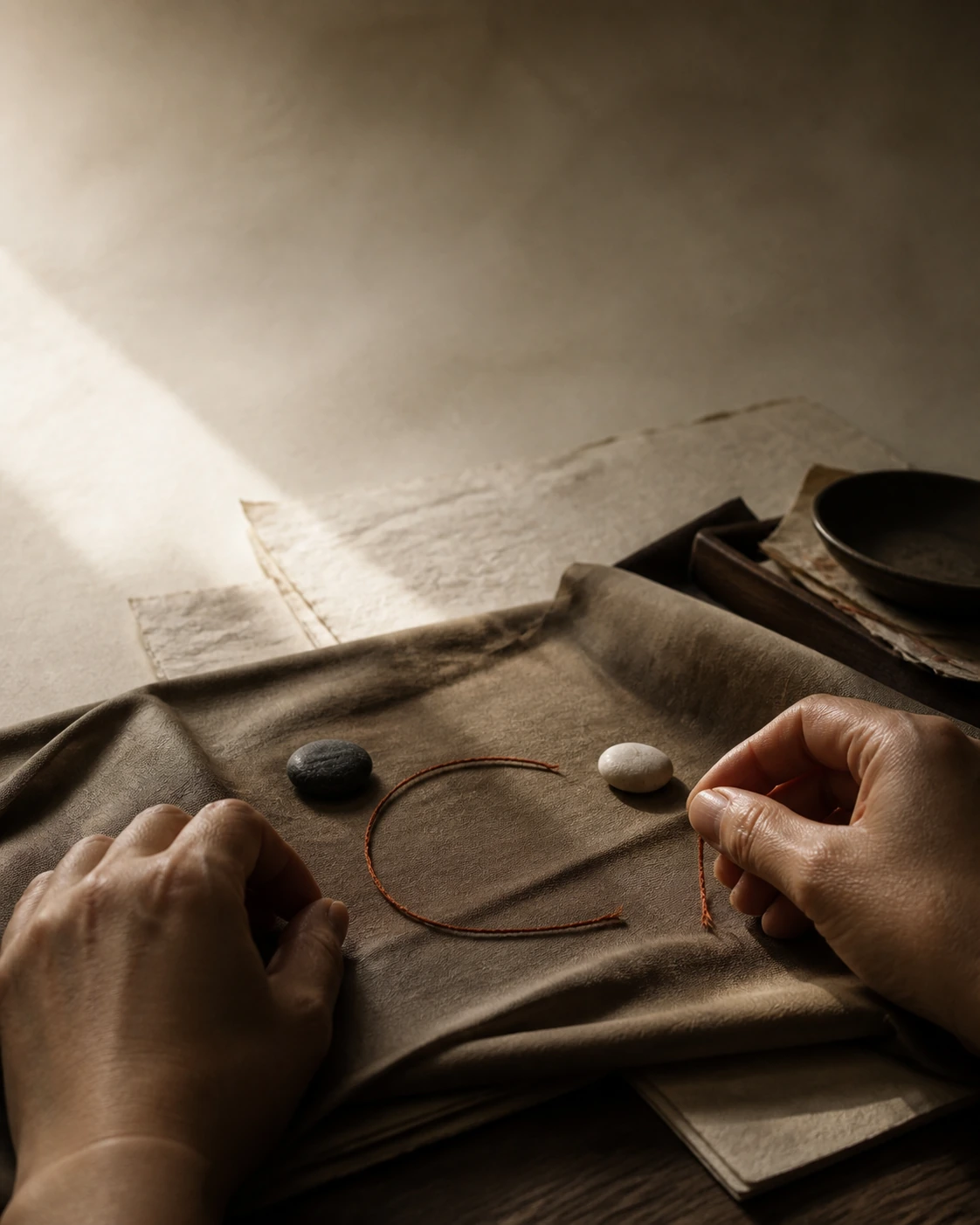 Hands arranging a vermilion cord, contrasting stones, and folded textile on handmade paper.