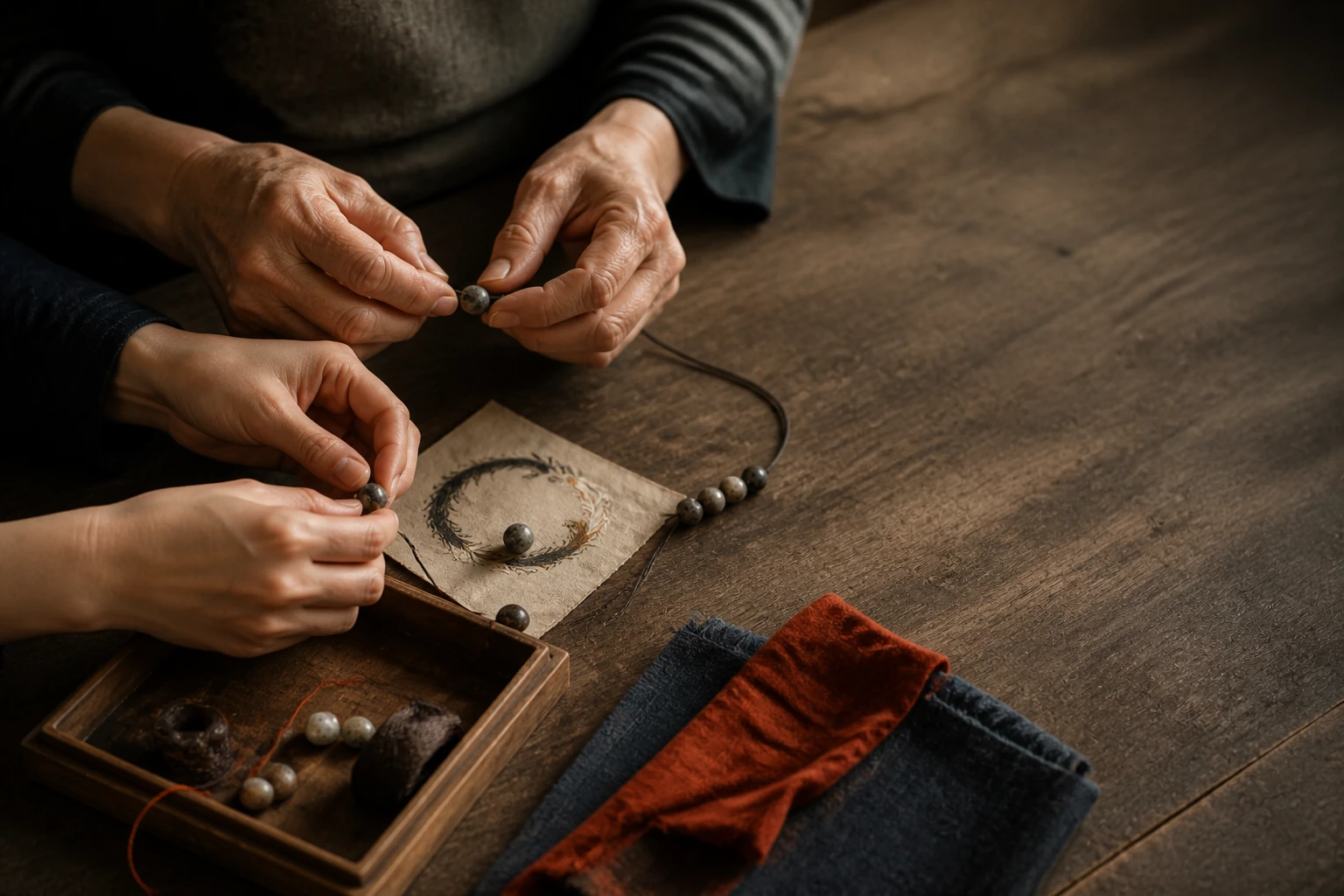 Two pairs of hands threading natural beads together on a weathered craft table.