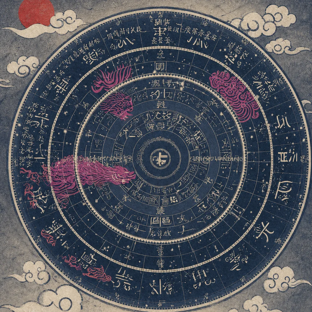 A blue celestial chart with a central yin-yang symbol, traditional signs, and cloud motifs