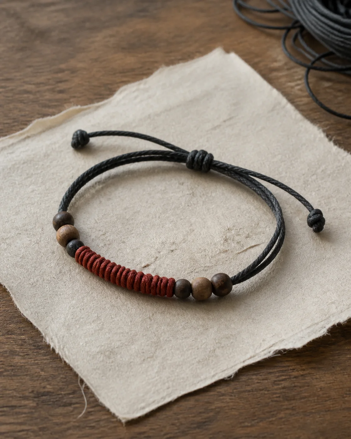 Illustrative still life of a simple vermilion cord bracelet with dark wooden beads on handmade paper