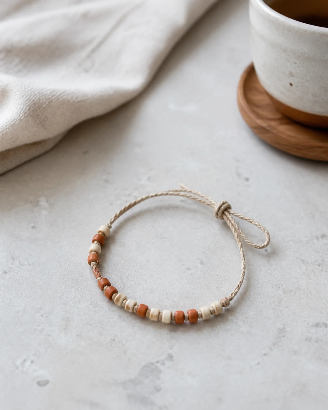 Illustrative still life of a simple linen cord bracelet with ivory and terracotta beads on a pale table