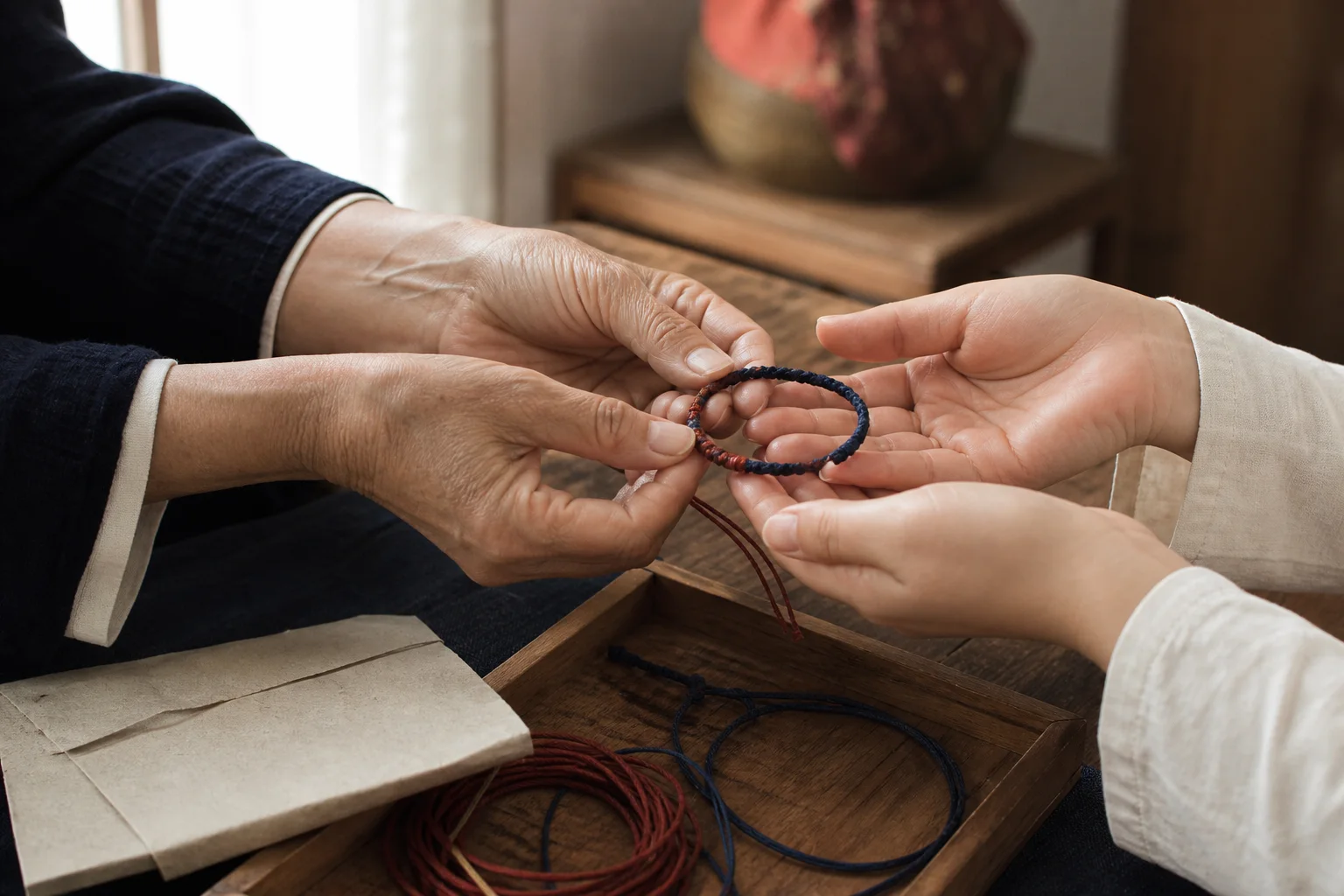 Illustrative editorial scene of two people sharing a simple handmade cord bracelet at a home worktable