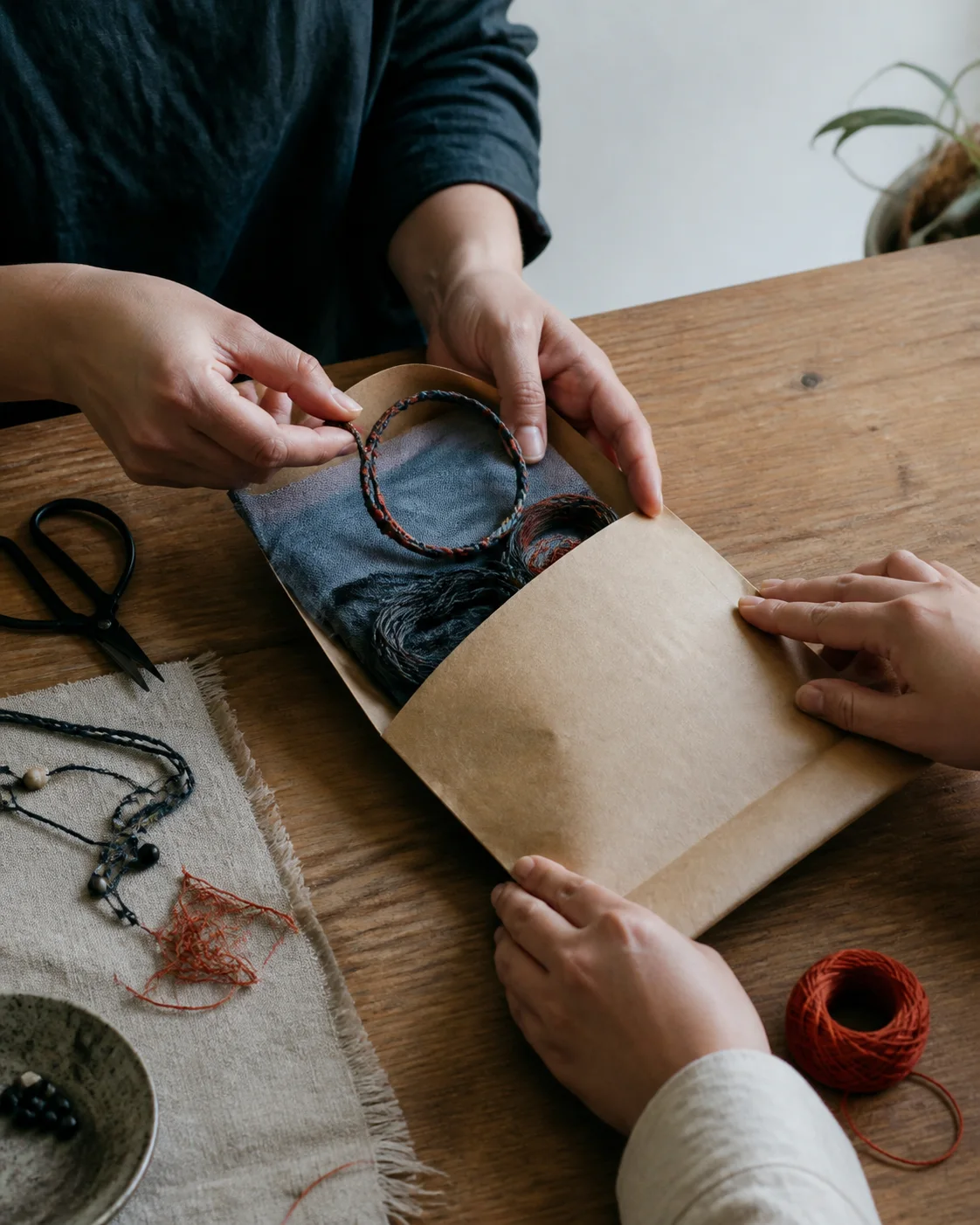 Illustrative scene of two pairs of hands preparing a handmade bracelet sample in an unbranded paper mailer