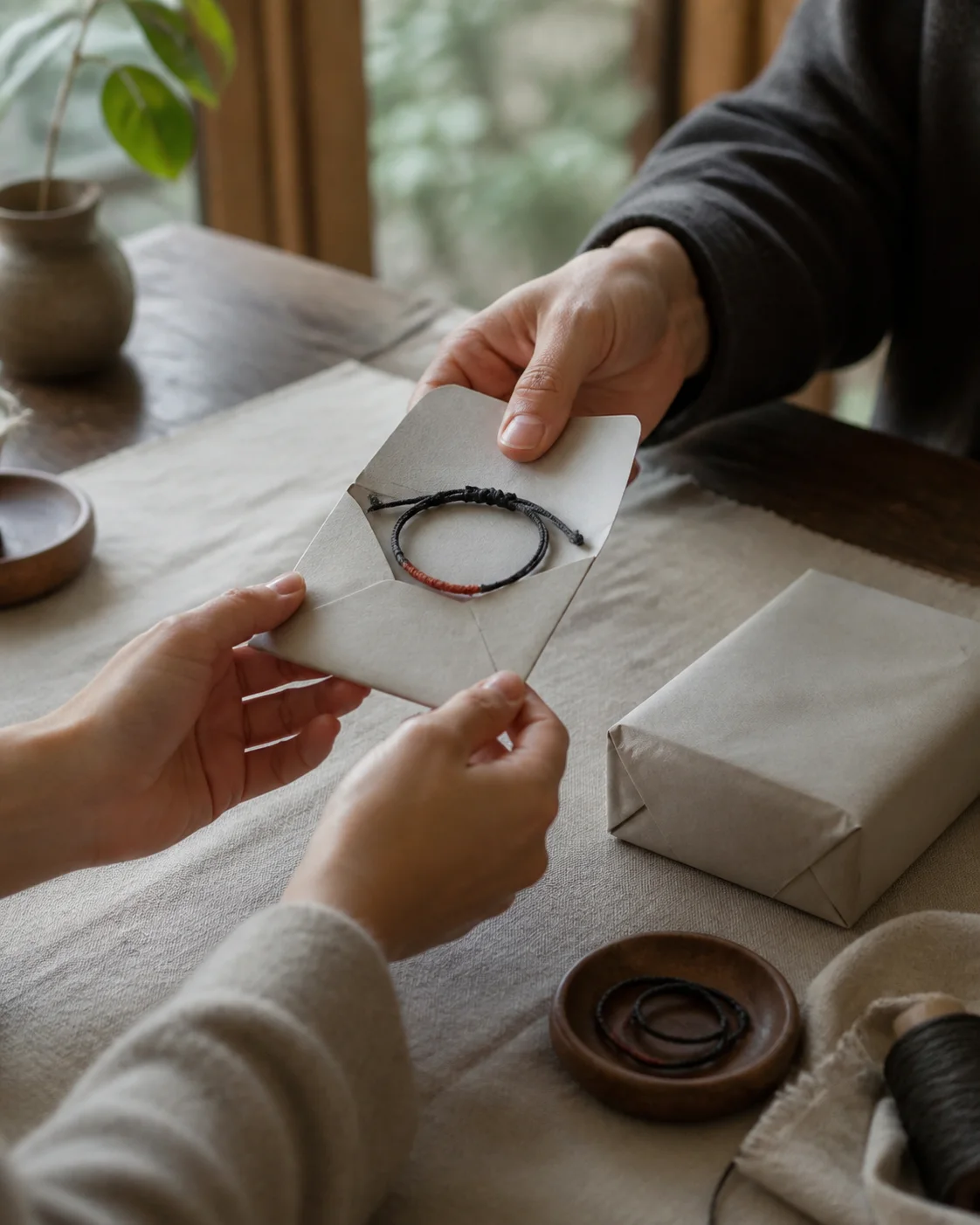 Illustrative scene of two pairs of hands passing a finished handmade bracelet in a plain paper envelope