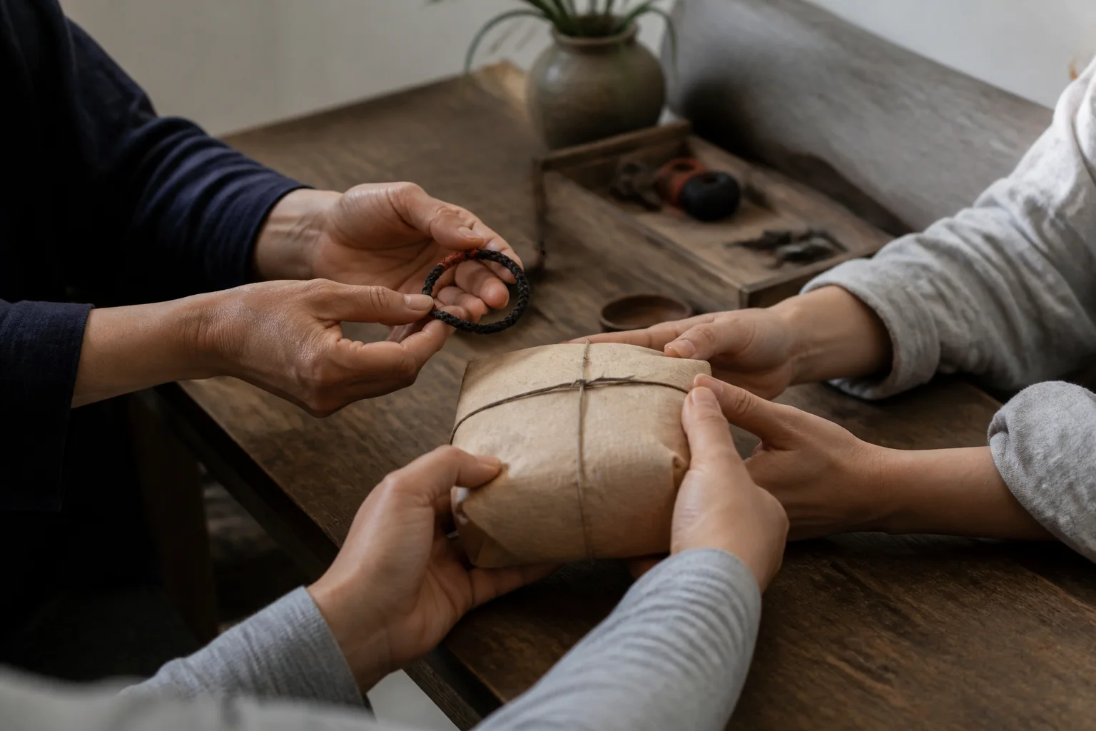 Illustrative scene of three pairs of hands sharing a handmade bracelet and a plainly wrapped parcel at a home worktable