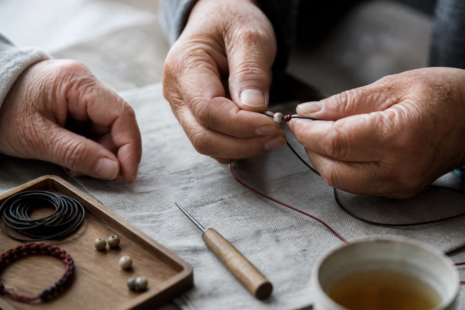 Illustrative scene of an older maker's hands threading a simple cord bracelet beside tools and loose beads