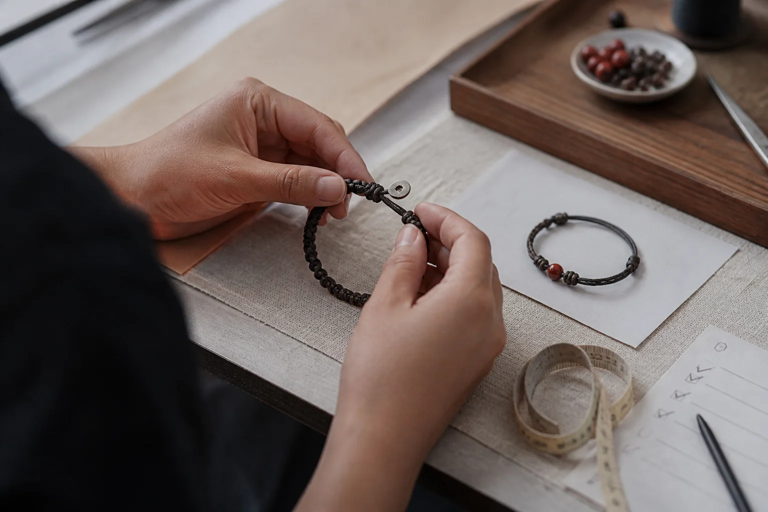 Illustrative scene of two adult hands inspecting the knot and finish of a simple handmade bracelet